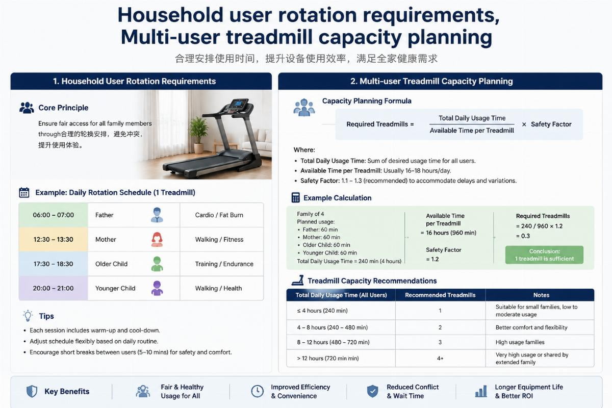 Multi-user treadmill capacity planning Household user rotation requirements