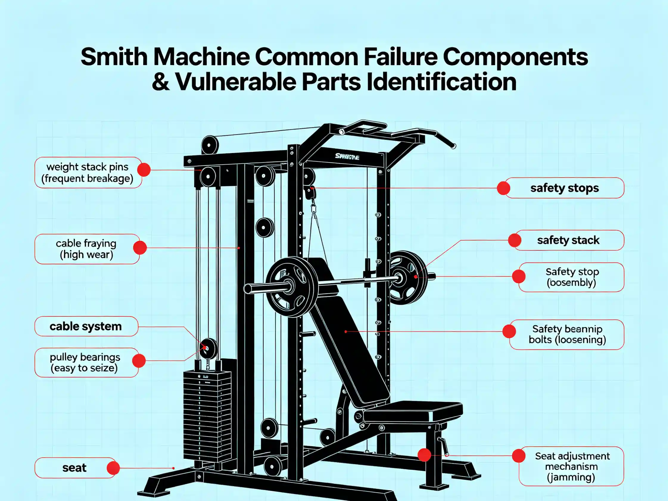 Smith machine common failure components