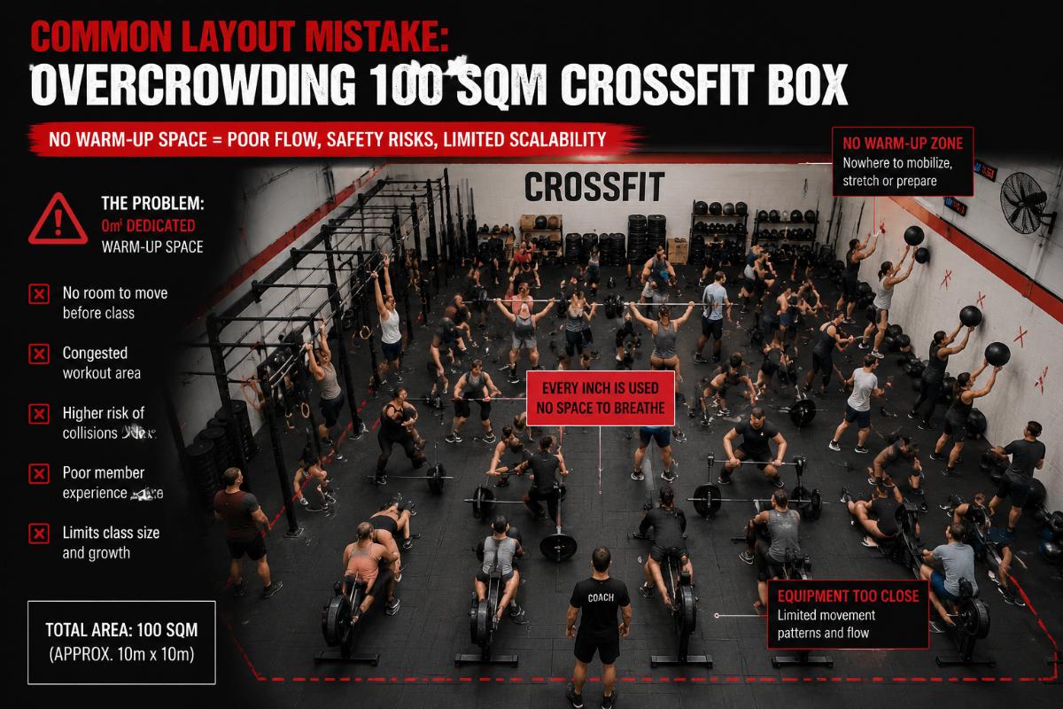100 sqm CrossFit box layout mistake Common layout mistake of overcrowding 100 sqm CrossFit box with no warm-up space