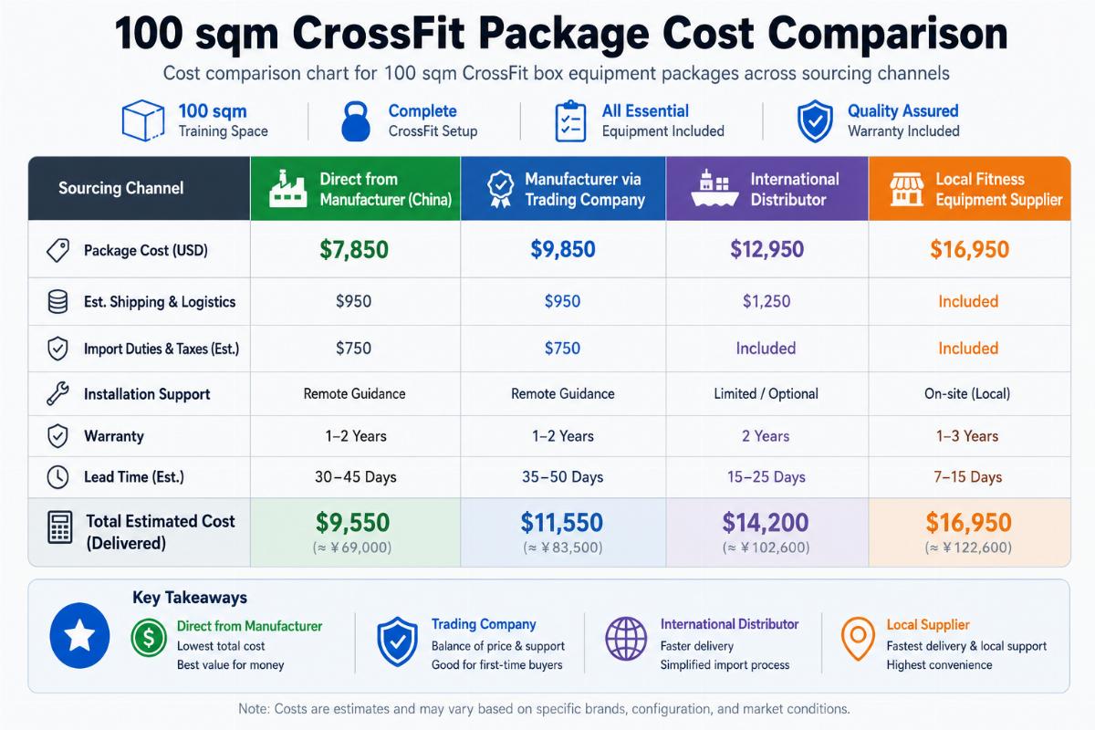 100 sqm CrossFit package cost comparison Cost comparison chart for 100 sqm CrossFit box equipment packages across sourcing channels