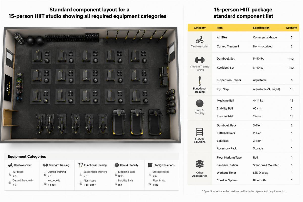Standard component layout for a 15-person HIIT studio showing all required equipment categories