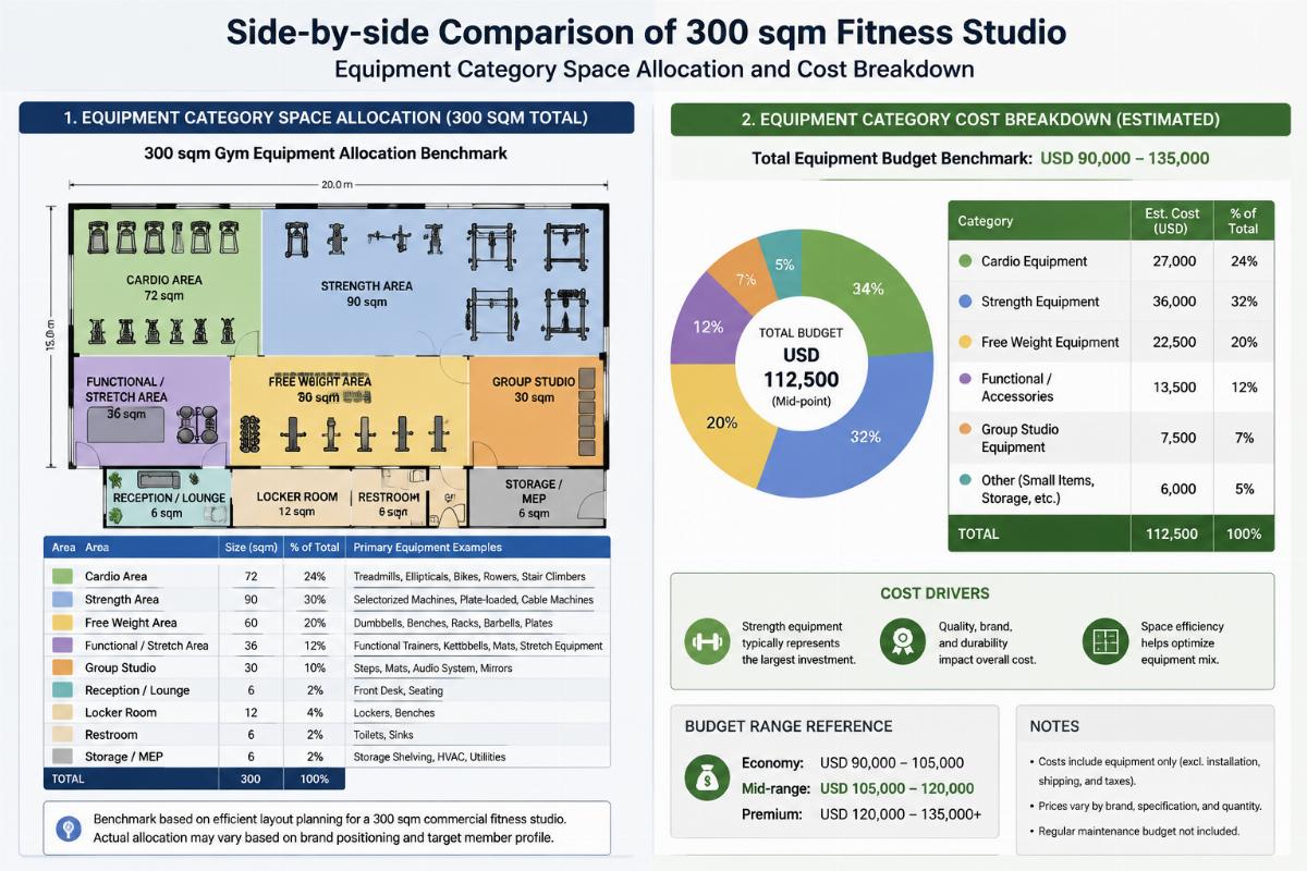 300 sqm gym equipment allocation benchmark Side-by-side comparison of 300 sqm fitness studio equipment category space allocation and cost breakdown