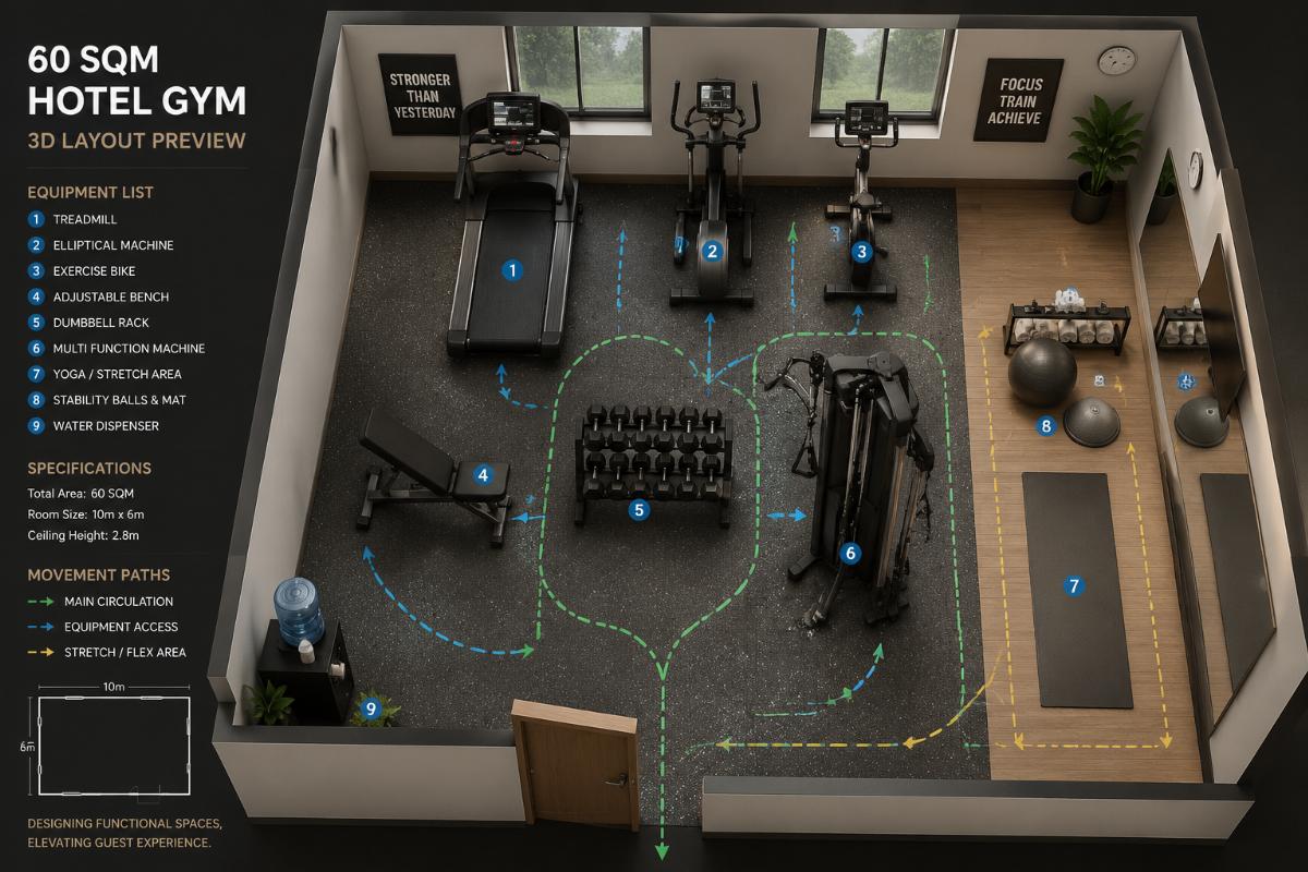 3D layout preview of a 60 sqm hotel gym showing exact equipment placement and movement paths