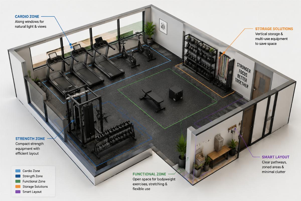 A 3D layout rendering of a corporate office gym showing optimized equipment placement for limited space