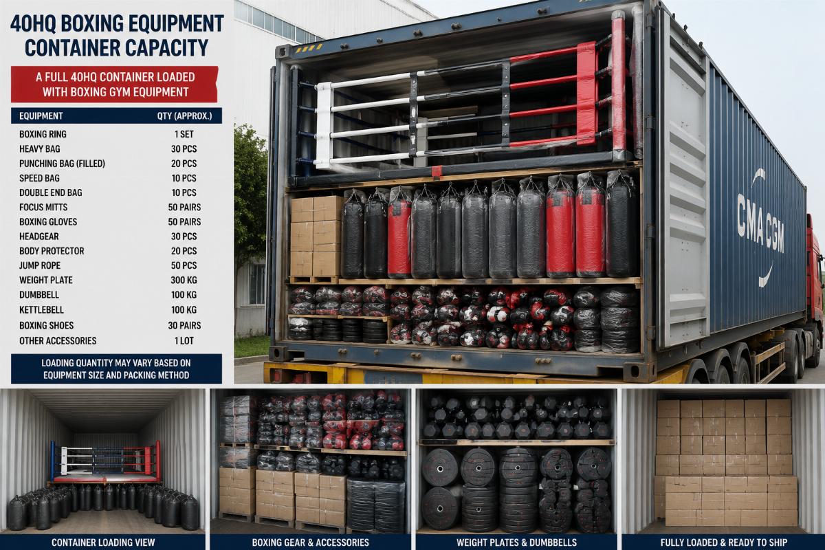 A full 40HQ container loaded with boxing gym equipment ready for shipment