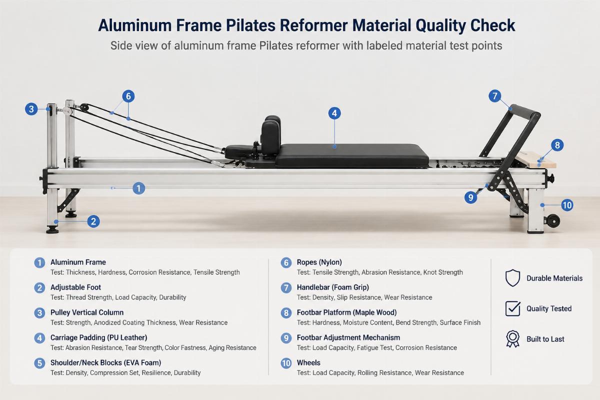 Side view of aluminum frame Pilates reformer with labeled material test points