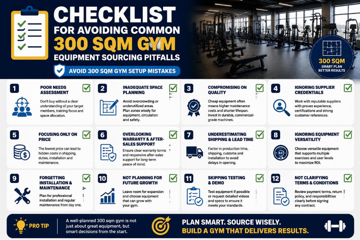 avoid 300 sqm gym setup mistakes Checklist graphic for avoiding common 300 sqm gym equipment sourcing pitfalls