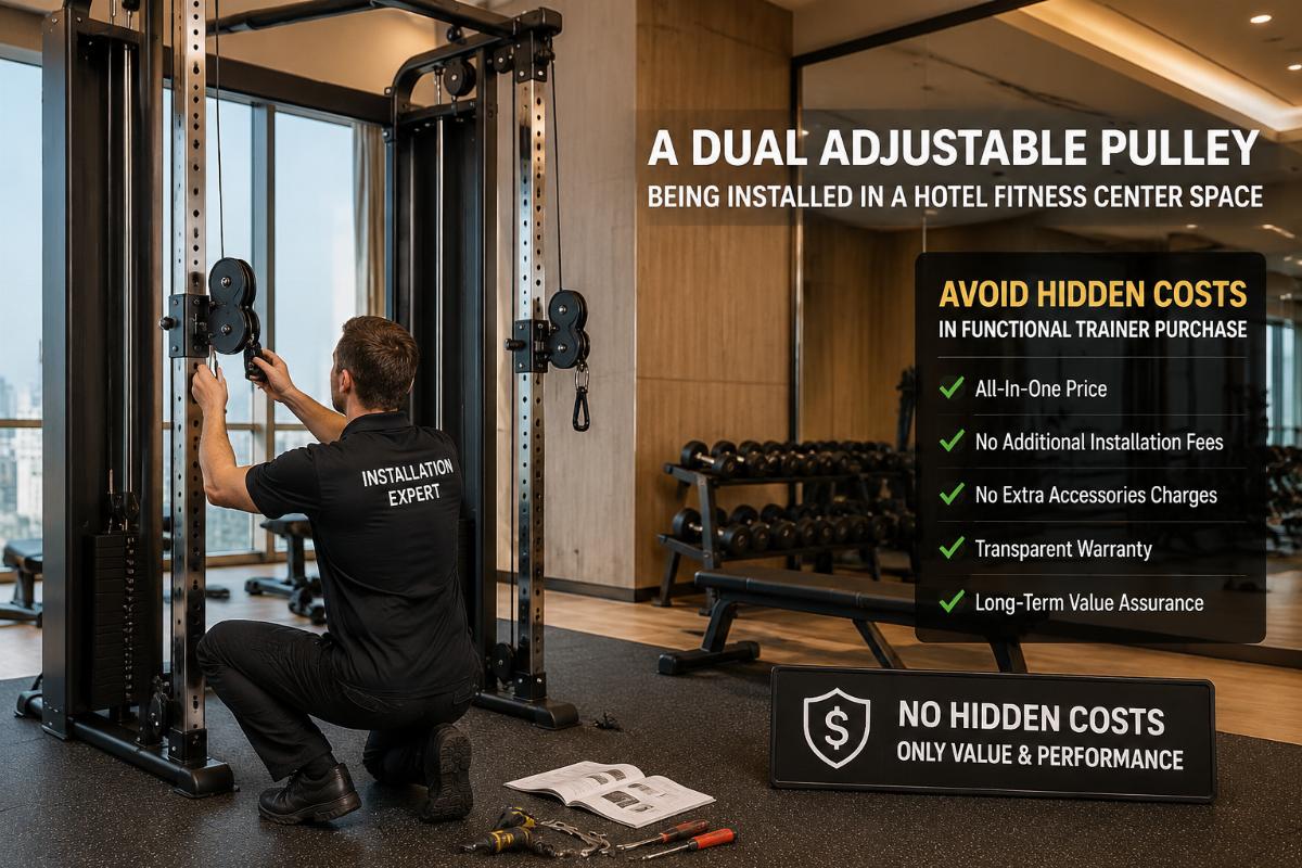 A dual adjustable pulley being installed in a hotel fitness center space