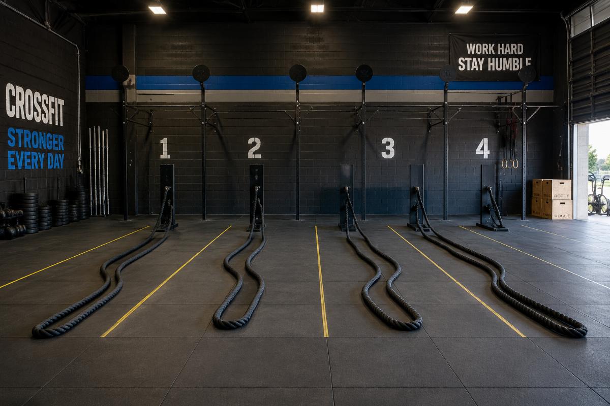 A CrossFit studio floor with four battle rope training stations spaced evenly across the workout area