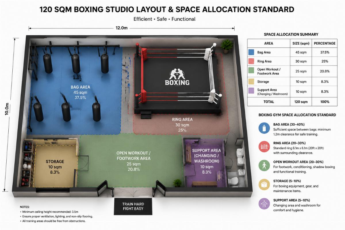 A 120sqm boxing studio layout showing allocated space for bags, ring and storage