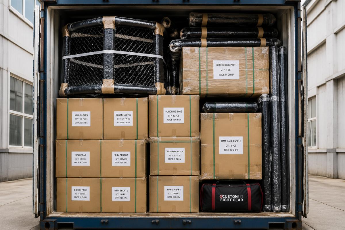 A full 40HQ container loaded with mixed custom MMA and boxing equipment for resale