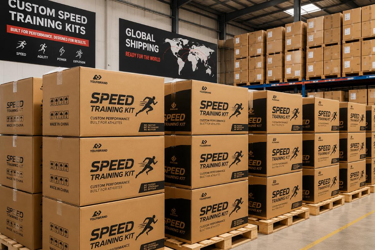 A warehouse with stacked custom branded speed training package boxes ready for international shipping