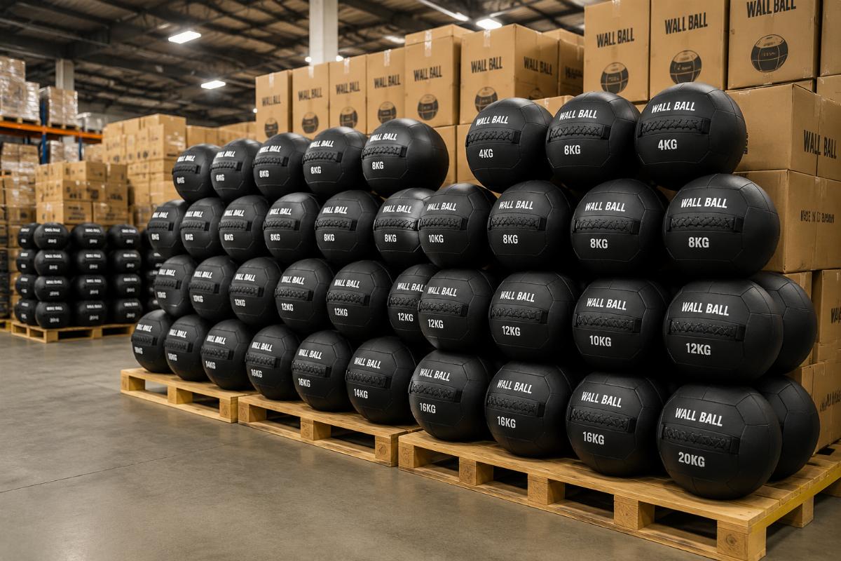 Stacked sets of wall balls in a warehouse ready for distribution