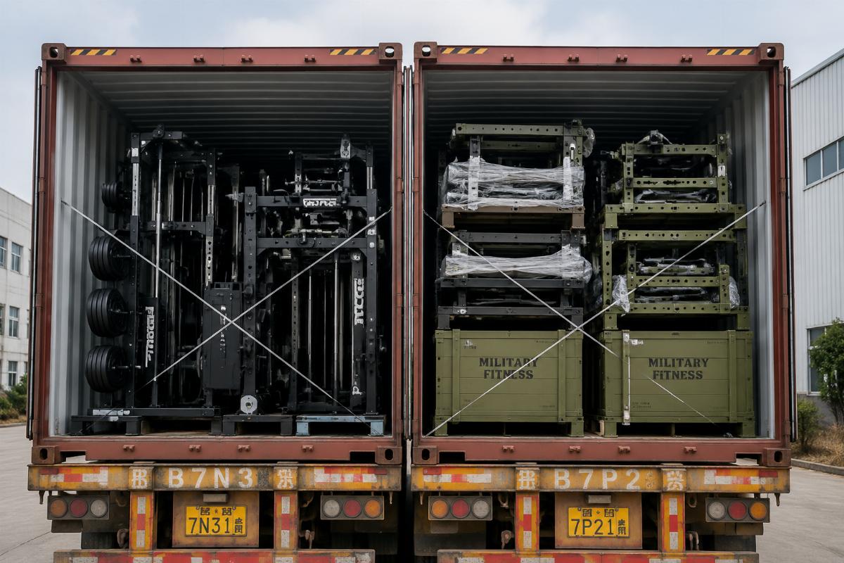 Two 40HQ shipping containers loaded with stacked gym strength equipment