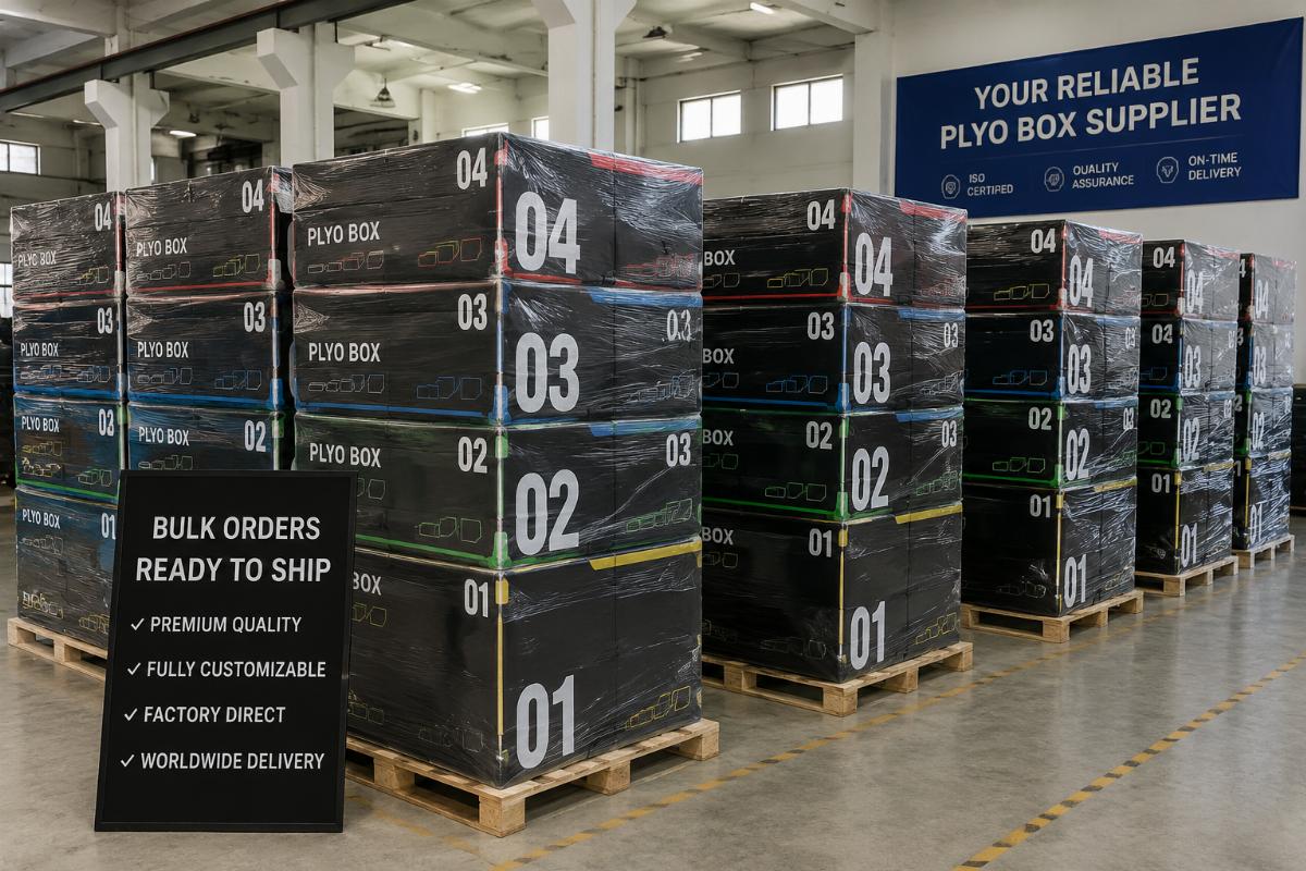 Bulk stacked foam plyo boxes in a factory warehouse ready for shipment