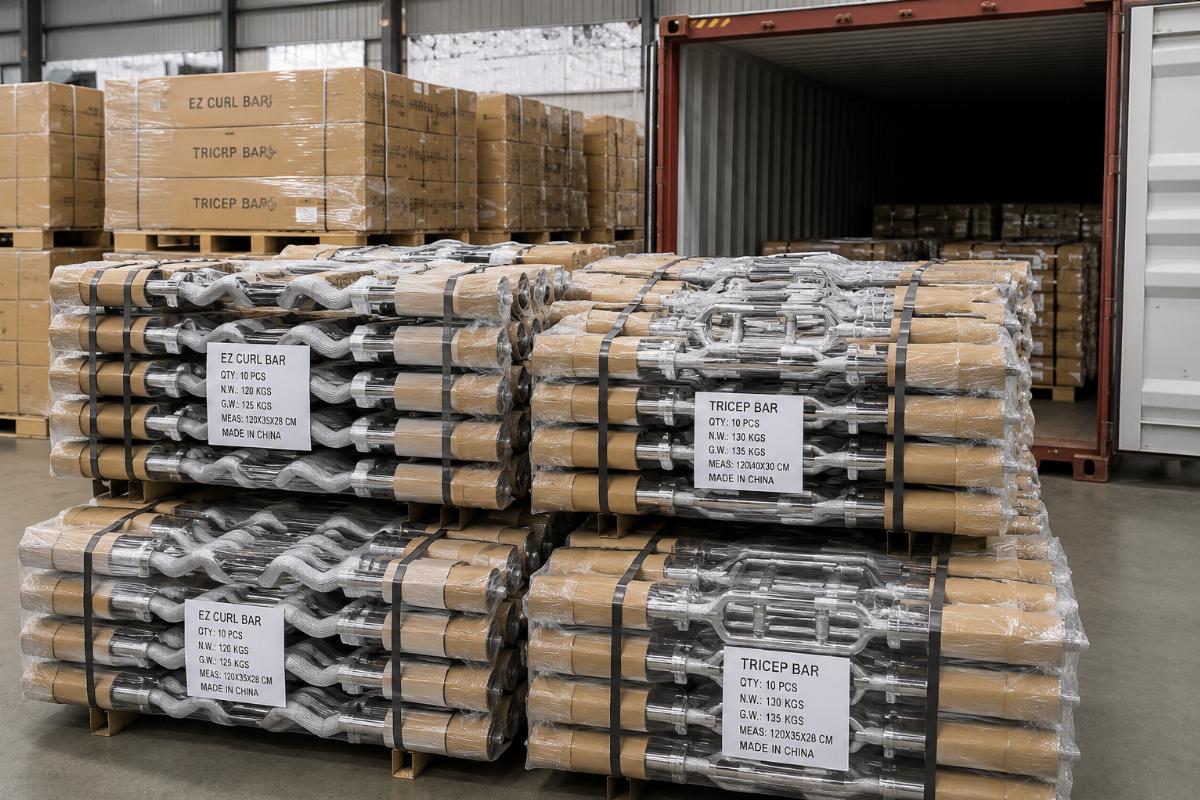 Stacked, packaged EZ curl bars and tricep bars ready for loading into a shipping container
