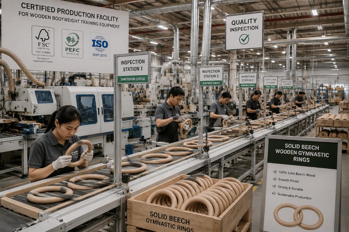 Factory production line for solid beech wooden gymnastic rings with quality inspection stations