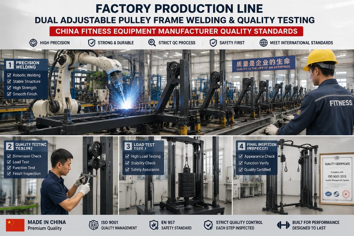 Factory production line showing dual adjustable pulley frame welding and quality testing