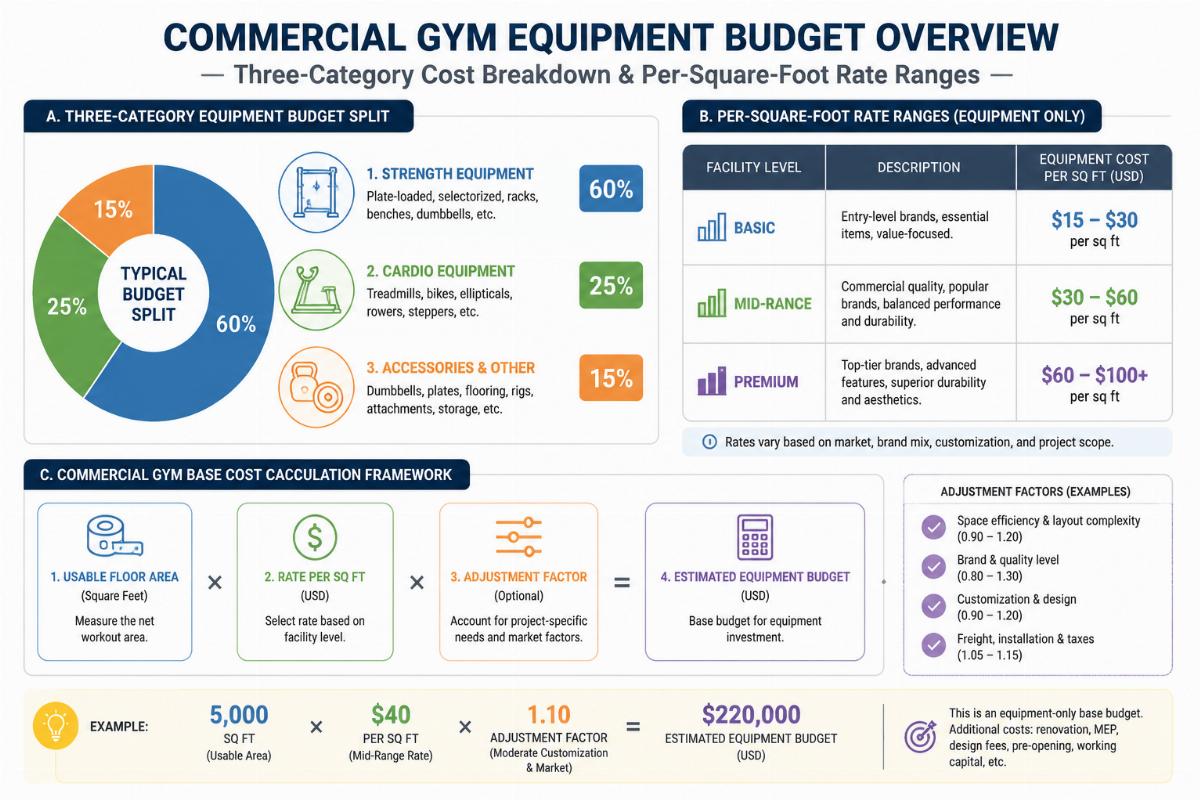 A labeled cost breakdown chart showing the three-category equipment budget split and per-square-foot rate ranges