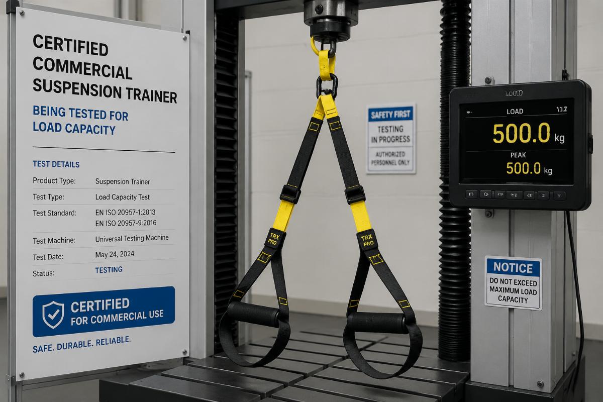 Commercial suspension trainer load certification testing Certified commercial suspension trainer being tested for load capacity in a factory lab