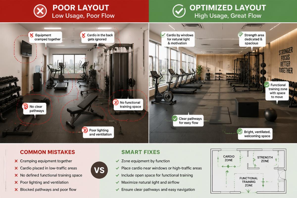 A side-by-side comparison of a poorly laid out office gym and an optimized high-usage layout