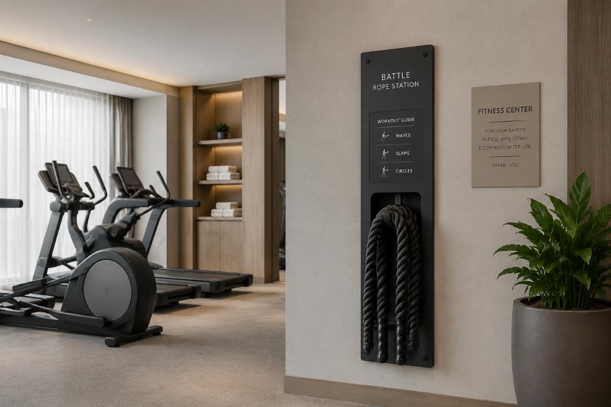 A slimline integrated battle rope station blending seamlessly with neutral hotel fitness room decor