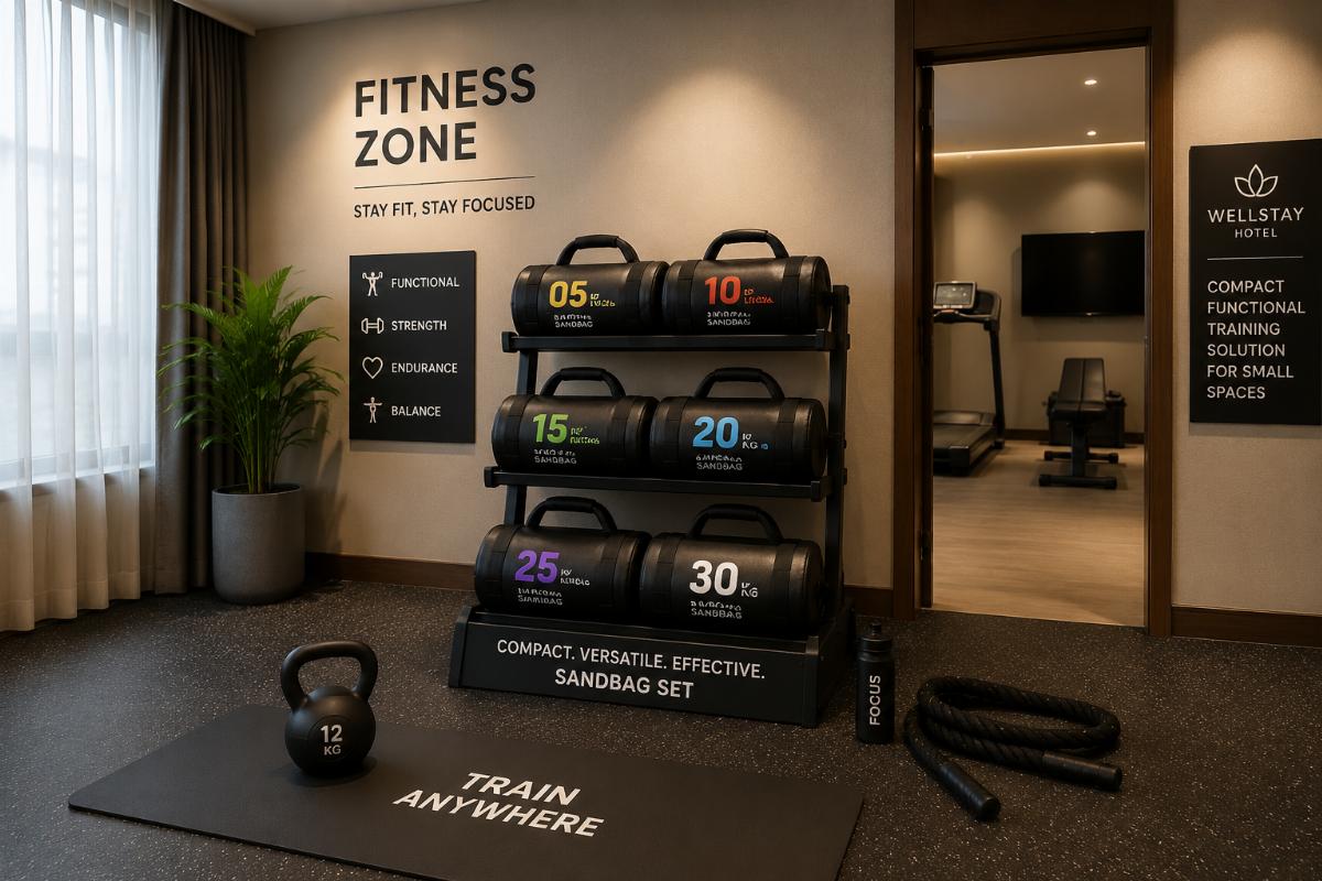 Compact functional training sandbag set installed in a small hotel fitness zone