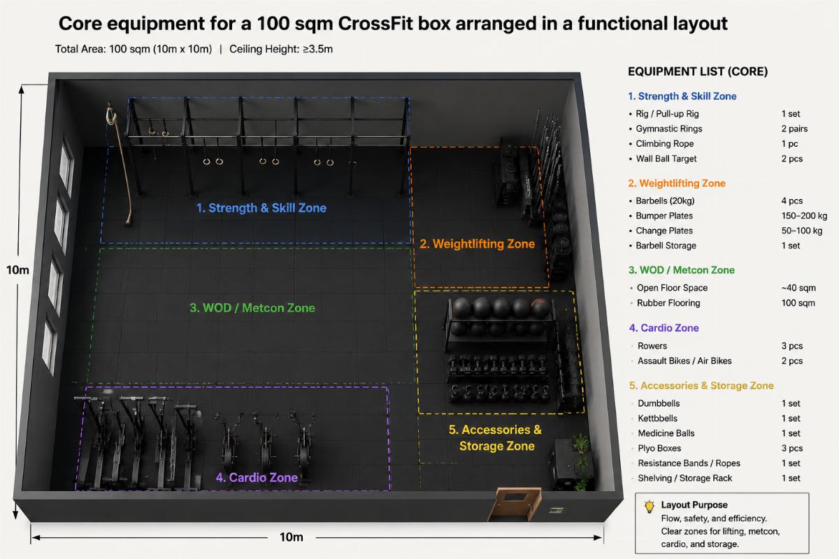 core 100 sqm CrossFit equipment Core equipment for a 100 sqm CrossFit box arranged in a functional layout