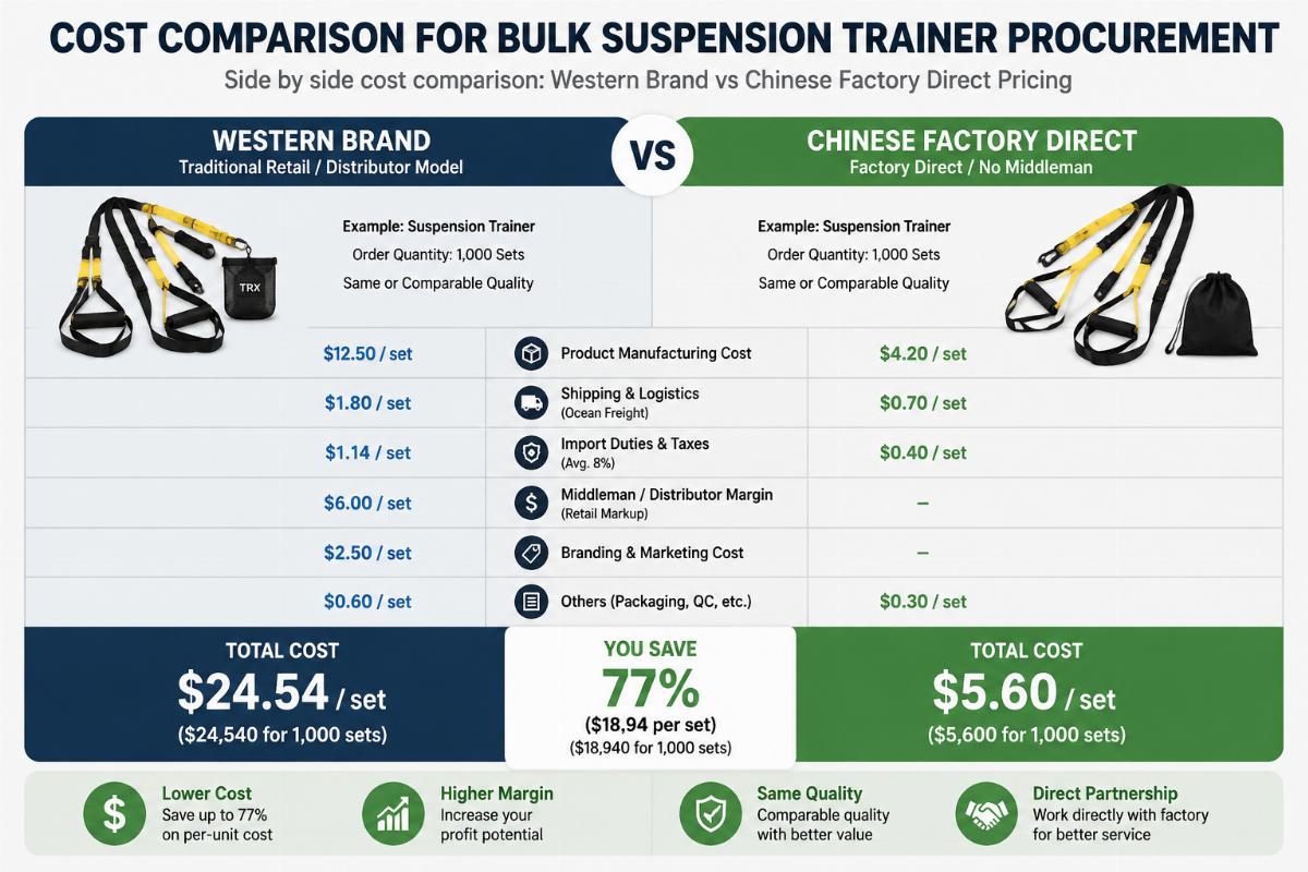 Cost comparison for bulk suspension trainer procurement Side by side cost comparison chart showing western brand vs Chinese factory direct pricing for bulk suspension trainers