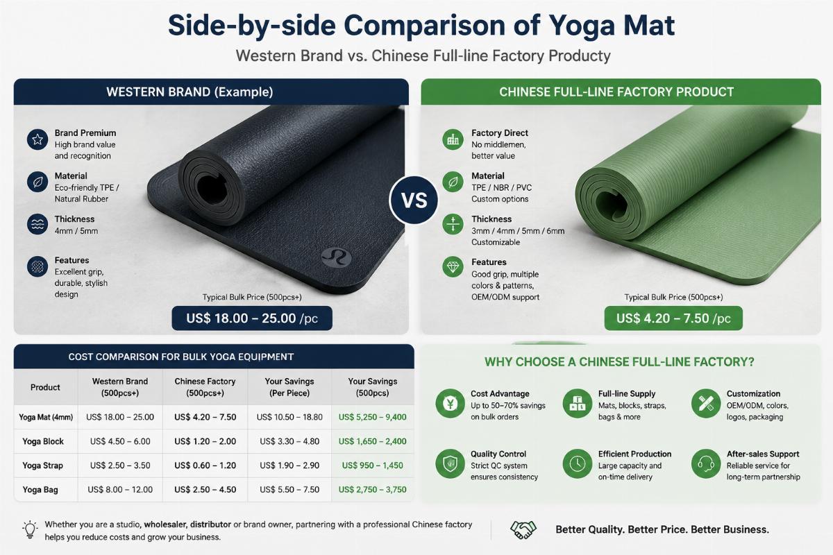 Side-by-side comparison of a yoga mat from a western brand and a Chinese full-line factory product