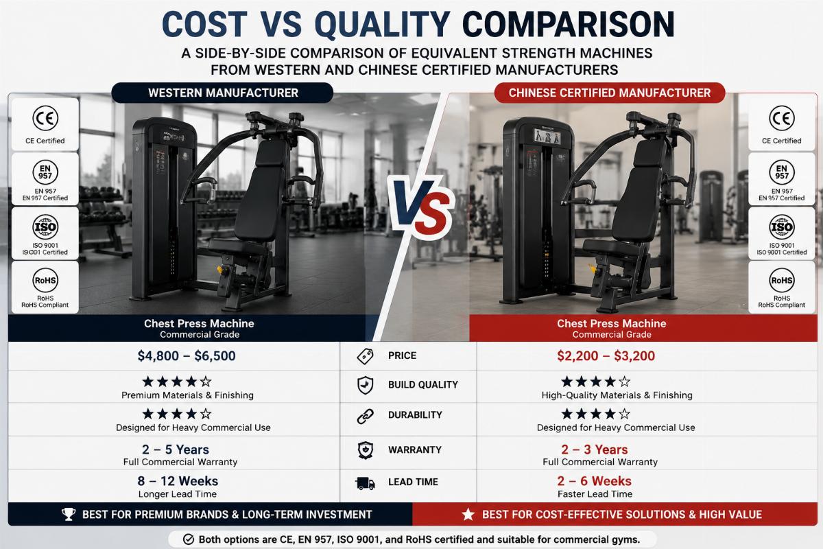 A side-by-side product comparison showing equivalent strength machines from Western and Chinese certified manufacturers