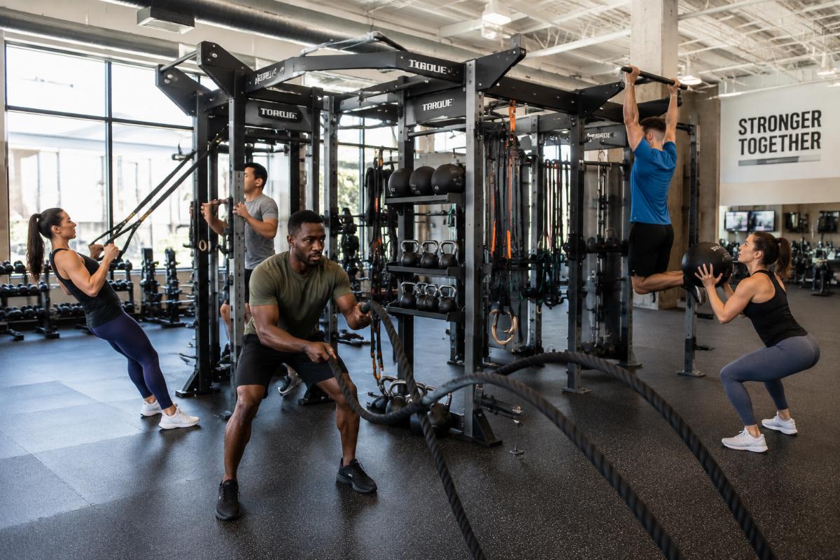 Group fitness class in session with participants using shared multi-use equipment