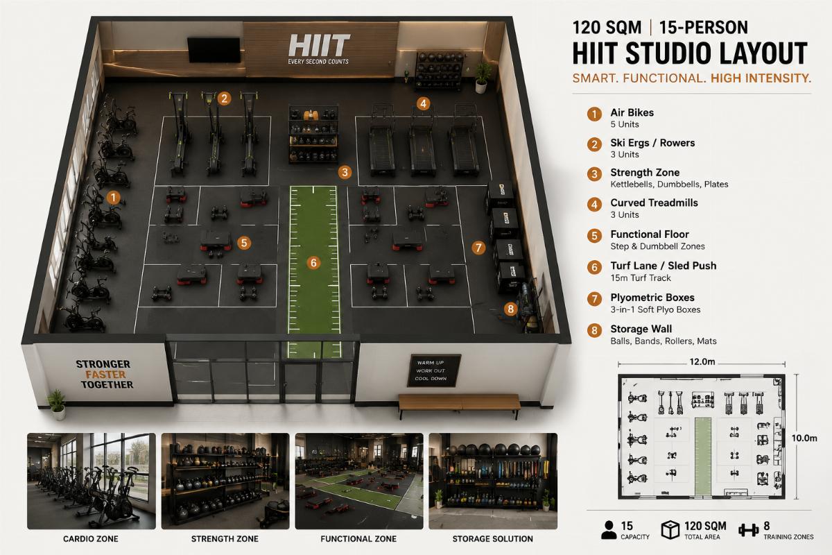 Custom 3D layout design example for a compact 120 sqm 15-person HIIT studio
