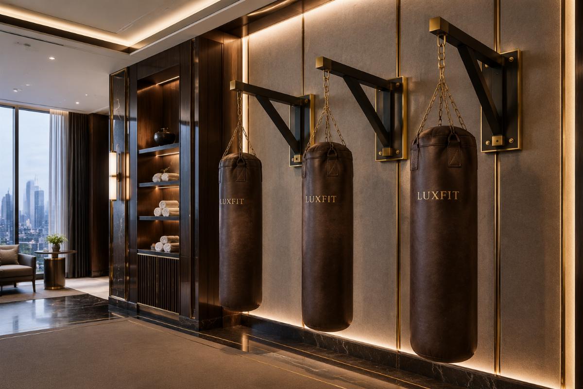 Custom color wall-mount boxing bag racks matching luxury hotel interior design