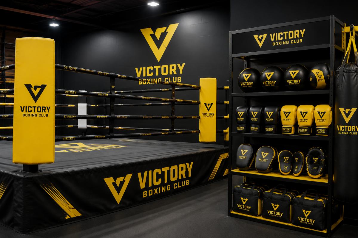 Custom branded boxing ring padding and storage racks matching a gym’s brand color scheme
