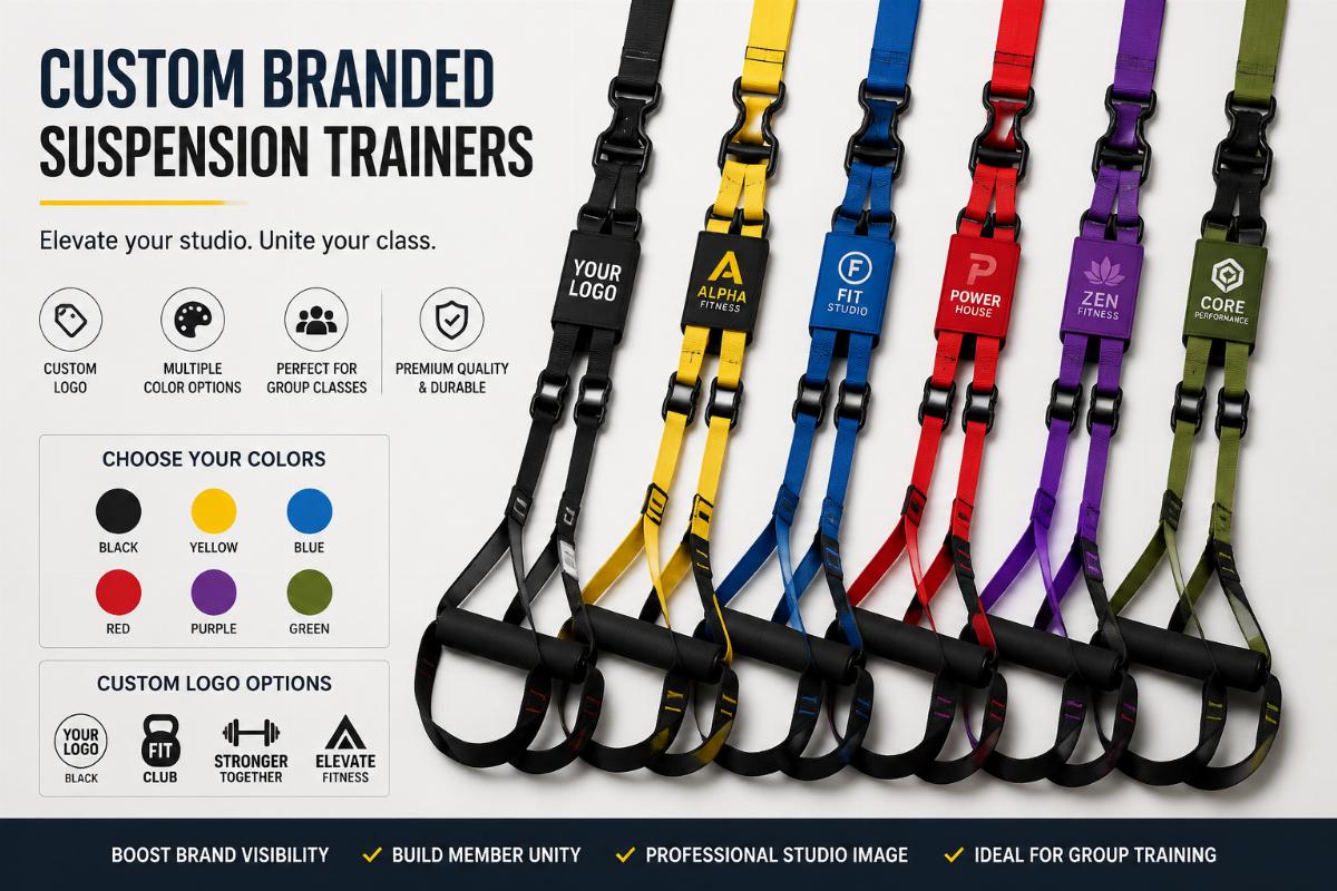 Custom branded TRX-style suspension trainers for fitness studios Custom branded suspension trainers laid out showing different color and logo options for group class use