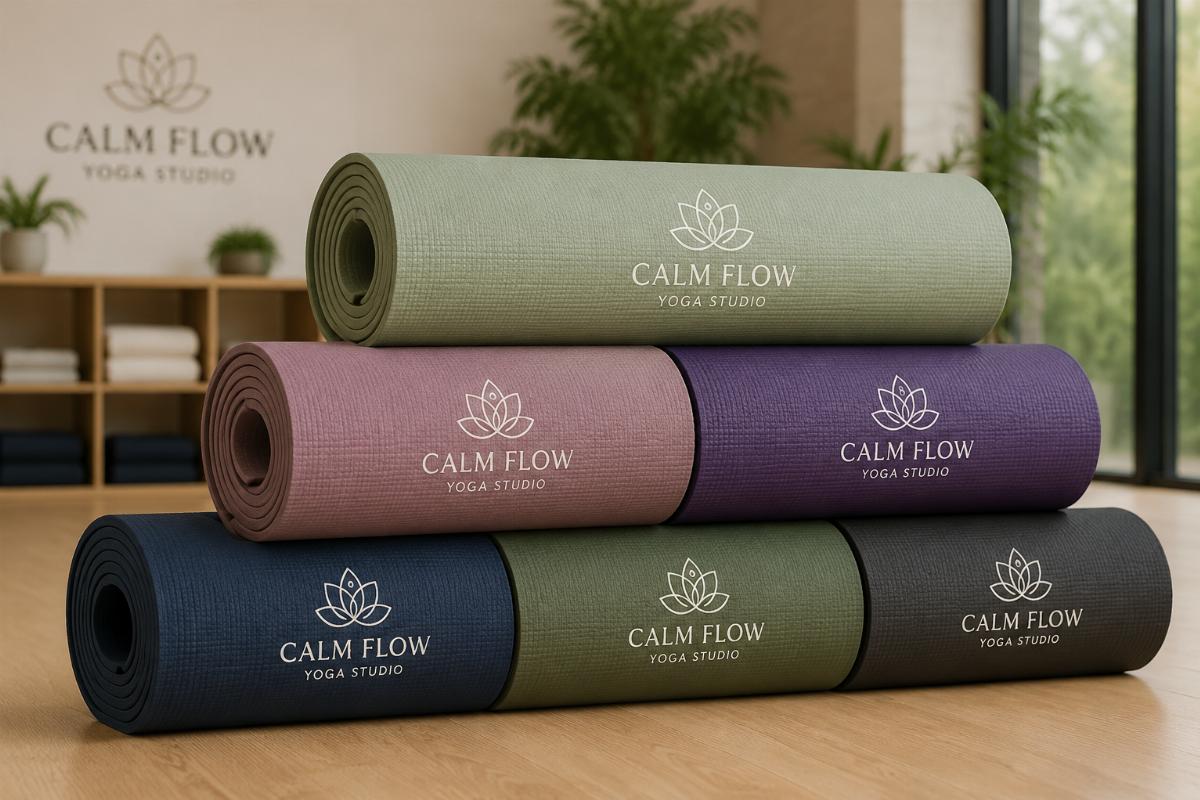 Custom branded yoga mats stacked with studio logo clearly printed
