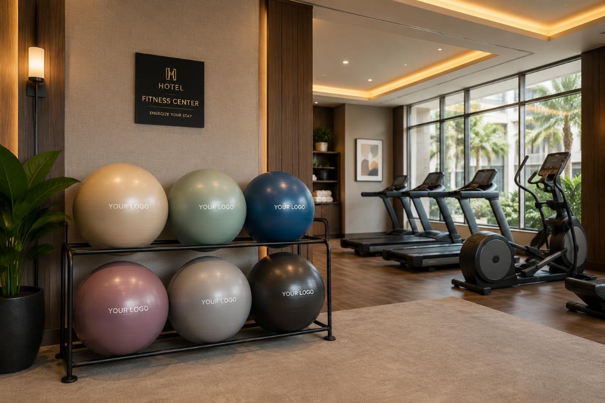 Custom color fitness ball sets placed next to a hotel gym's interior decor