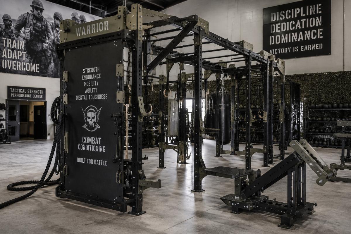 Custom heavy duty combat conditioning gym equipment at a military training center