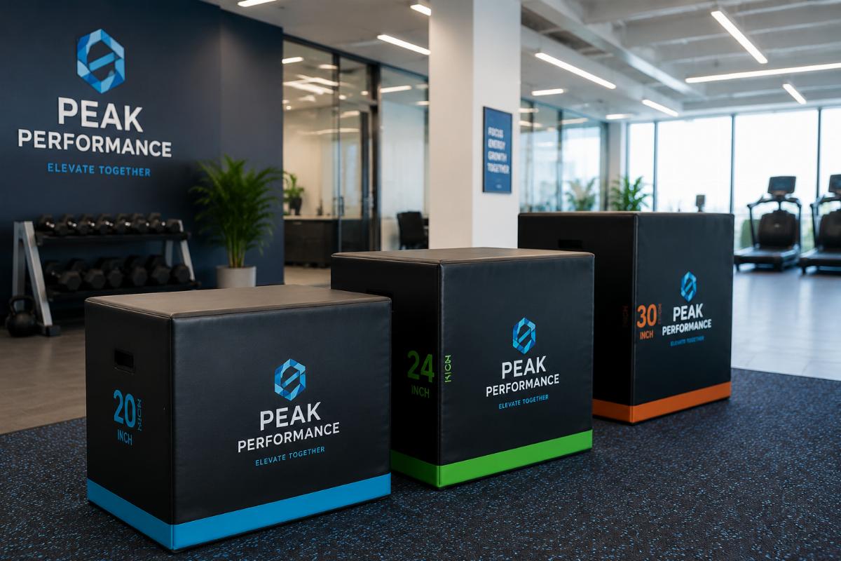Custom branded foam plyo boxes in a corporate wellness center