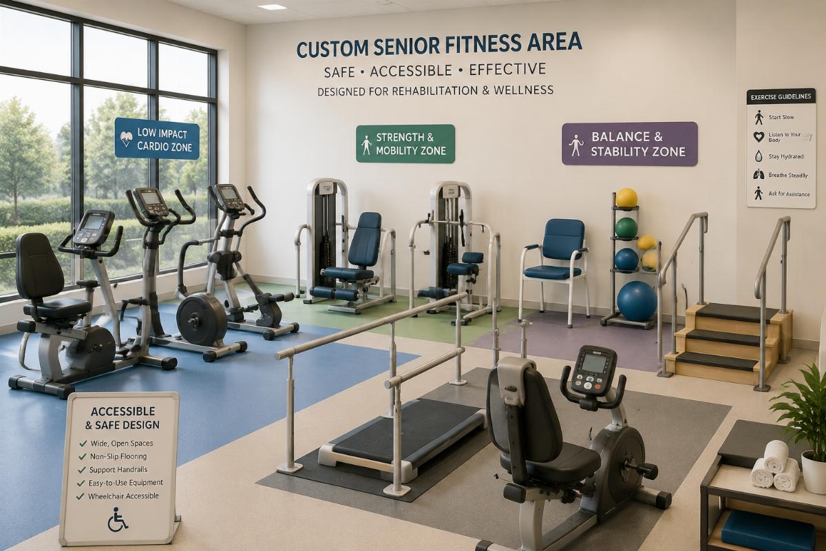 A custom-configured senior fitness area with low-impact, accessible rehabilitation equipment