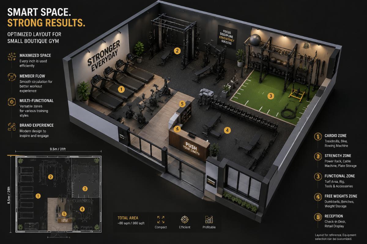 3D layout design render of a small boutique gym showing optimized space usage
