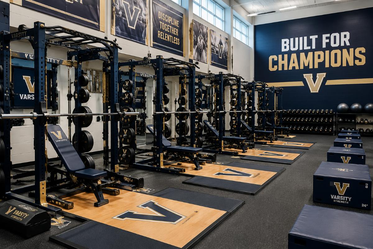 Custom strength training equipment arranged for a university varsity team training zone