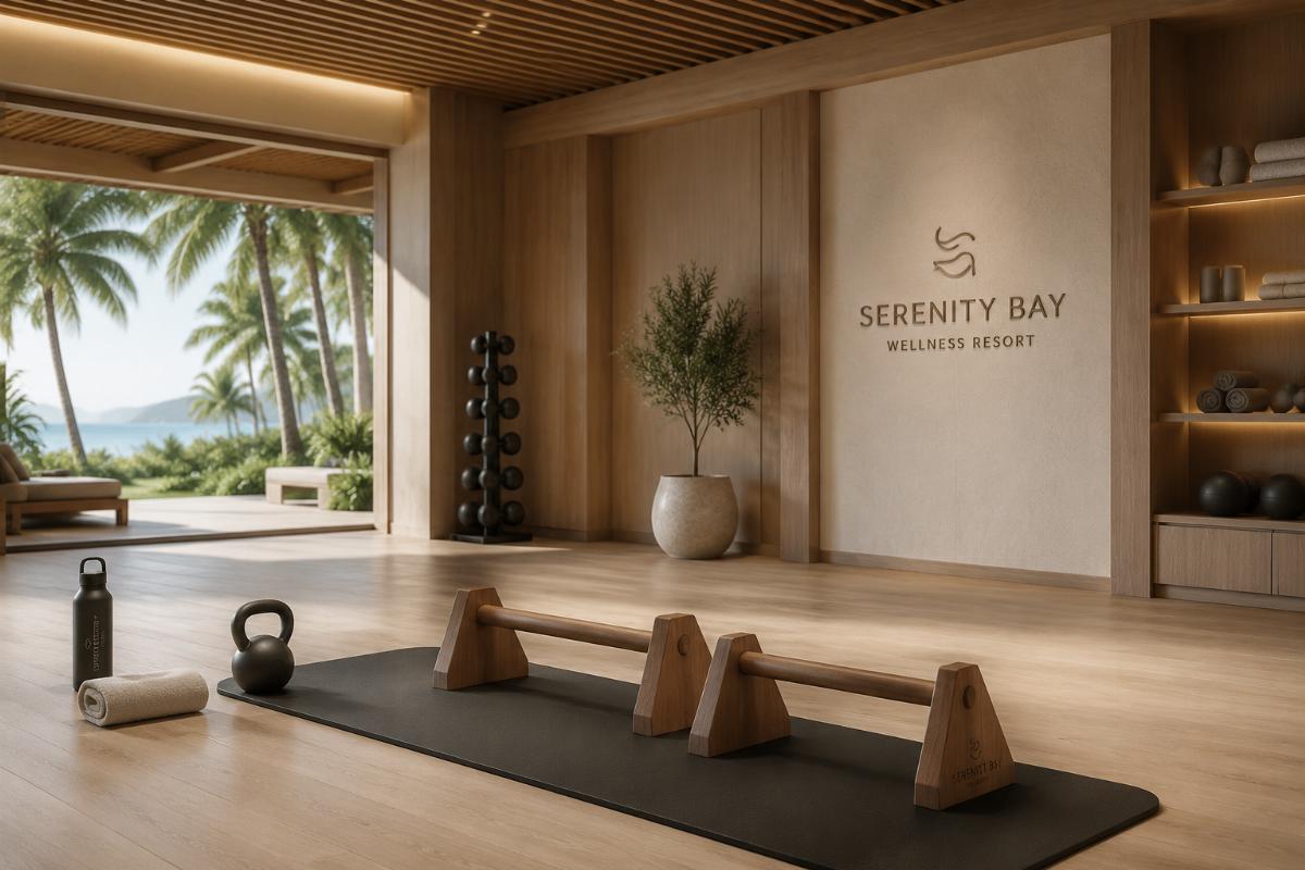 Luxury resort fitness studio featuring compact wooden parallettes matching the space's minimalist interior design