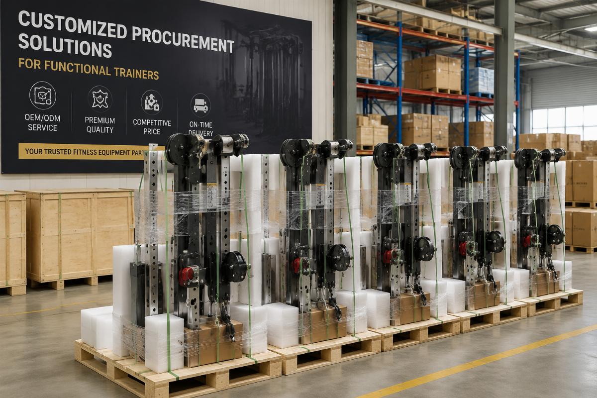Dual adjustable pulley units staged for shipment from a factory warehouse