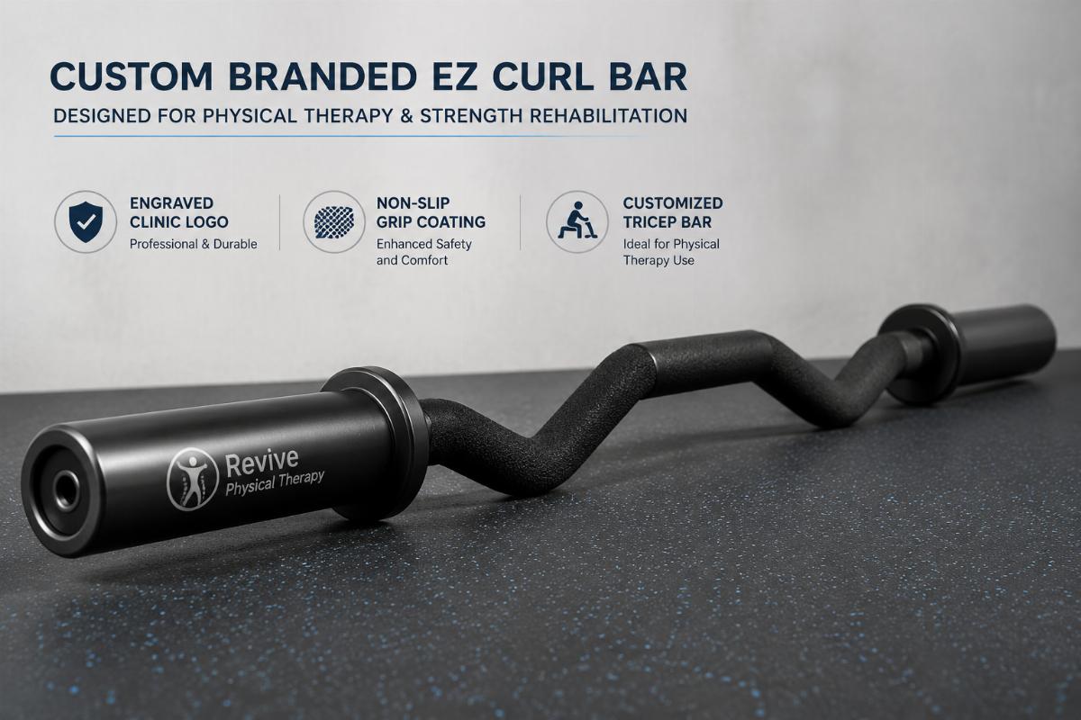 A custom branded EZ curl bar with engraved clinic logo and non-slip grip coating