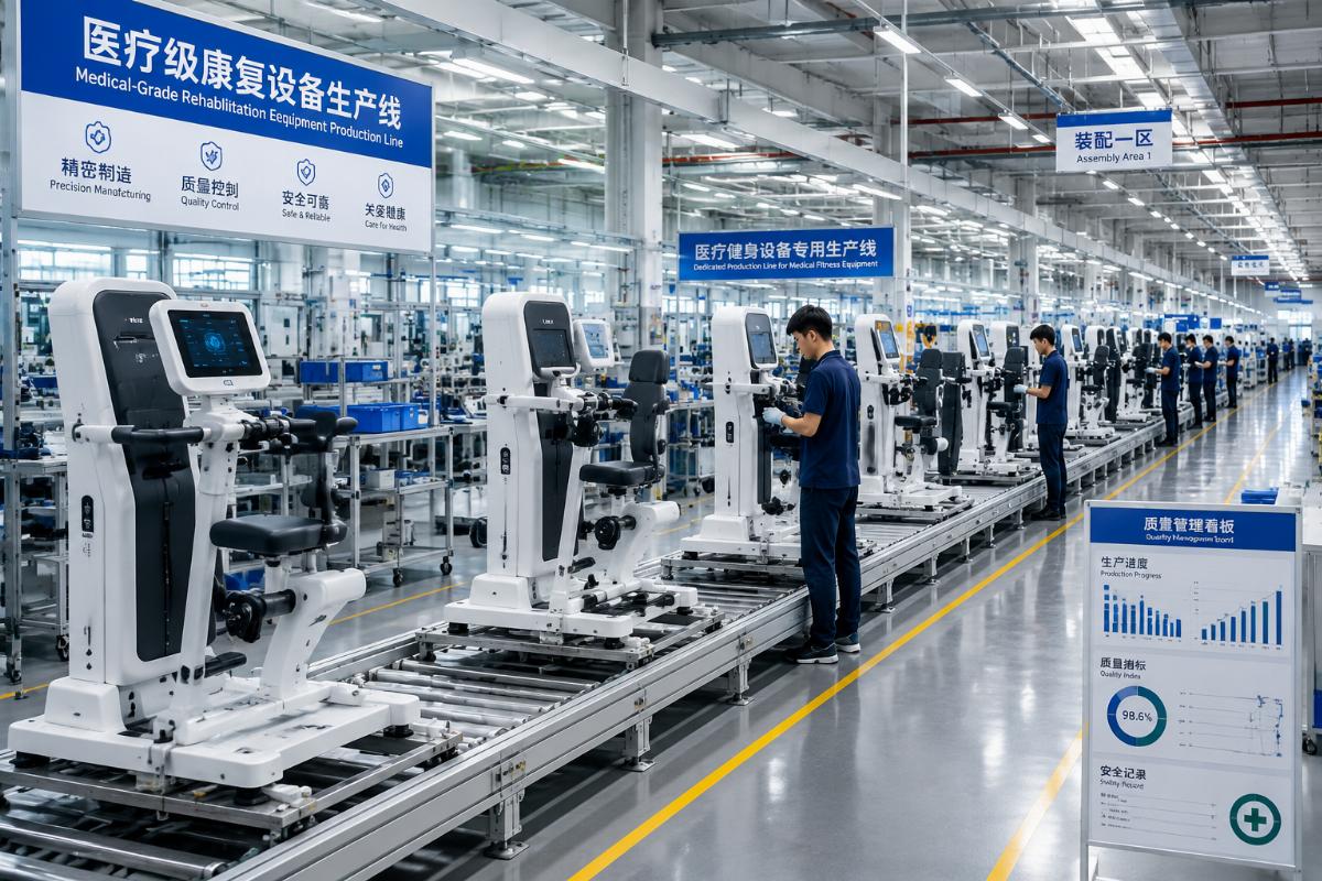 A production line of medical-grade rehabilitation equipment in a modern factory facility