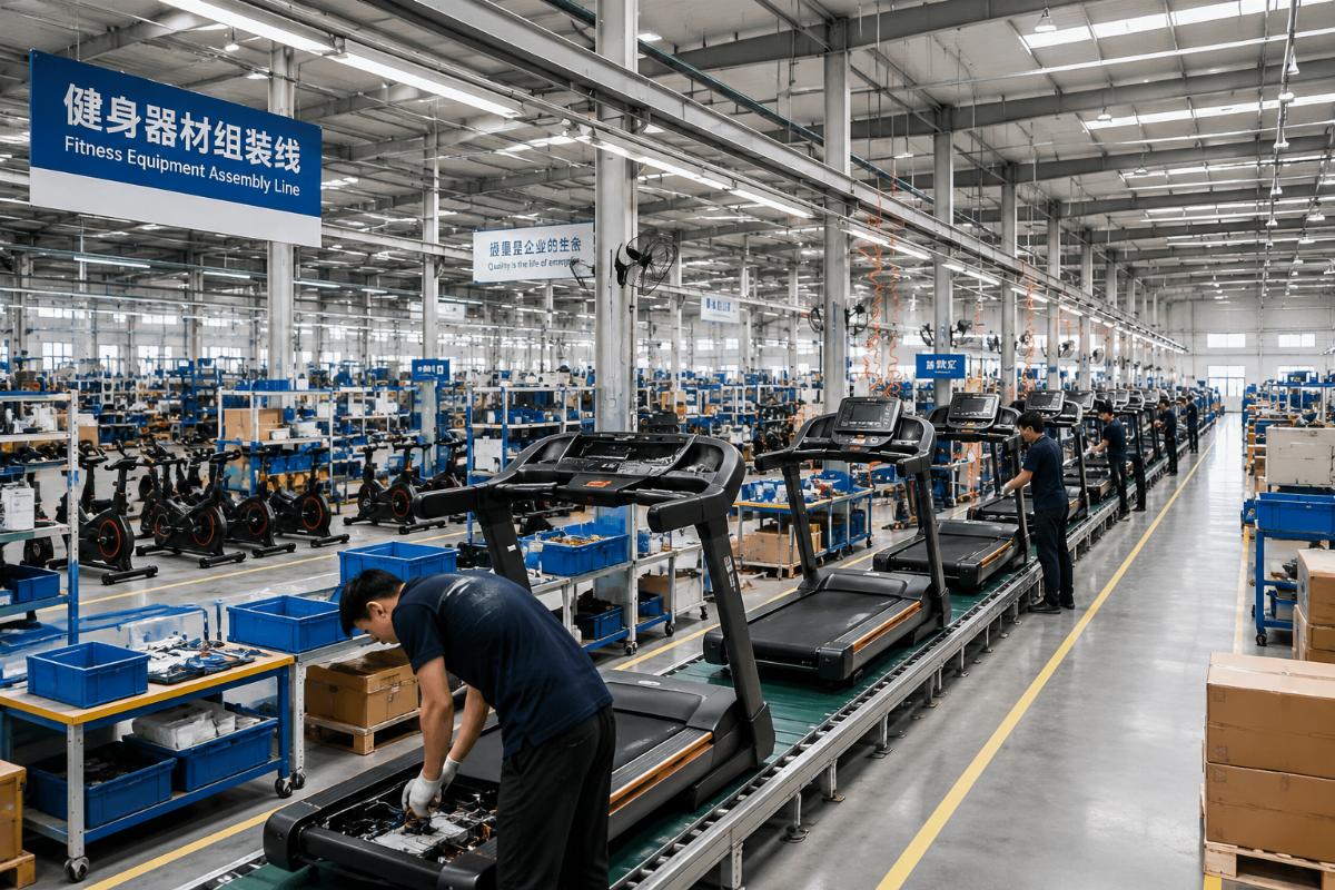 Factory production floor with fitness equipment assembly lines