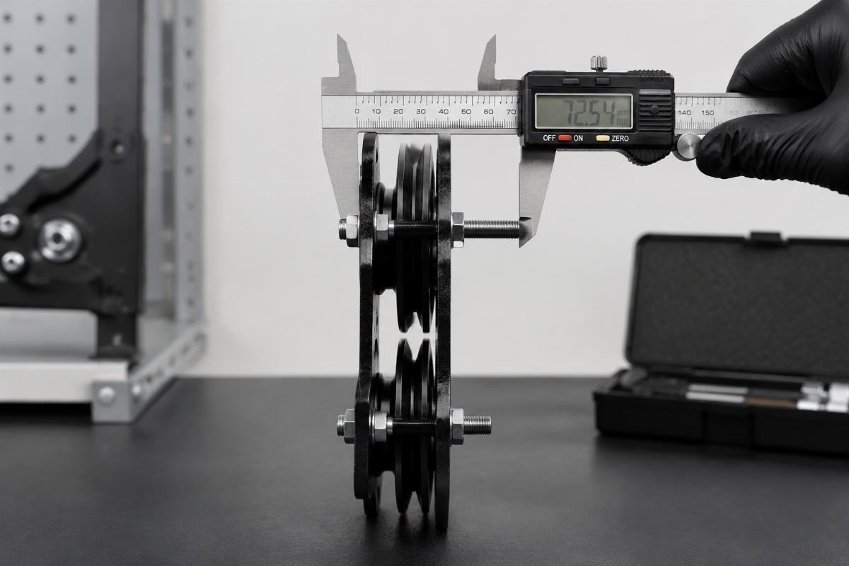 Side profile of a compact dual adjustable pulley showing frame thickness and pulley placement