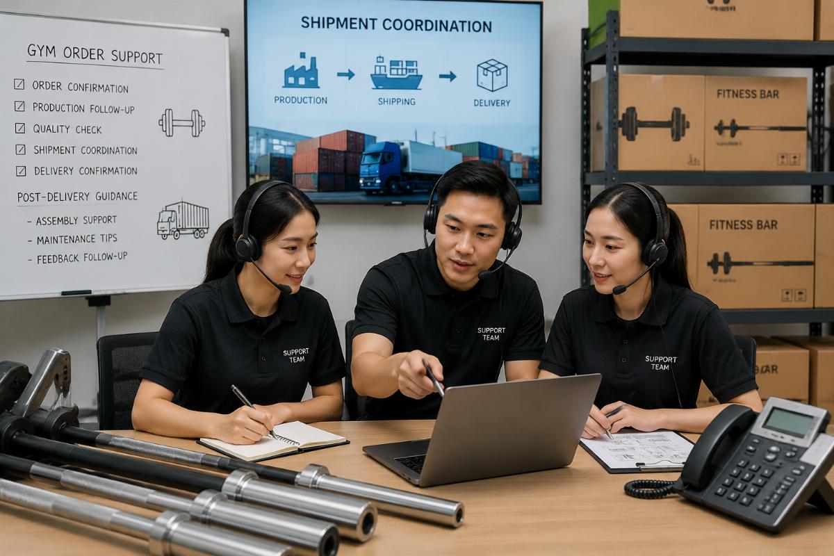 A supplier support team coordinating shipment and post-delivery guidance for a gym order